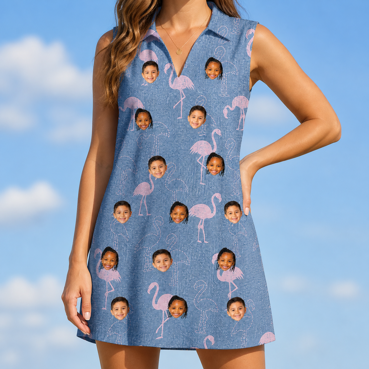 Model wearing Women's Longneck Lollies Custom Face V-Neck Dress printed with kids' faces