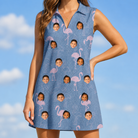 Model wearing Women's Longneck Lollies Custom Face V-Neck Dress printed with kids' faces
