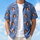 Man wearing Men's Longneck Lollies Custom Face Hawaiian Shirt open over a white tee