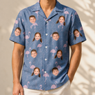 Model wearing Men's Longneck Lollies Custom Face Hawaiian Shirt printed with kids' faces