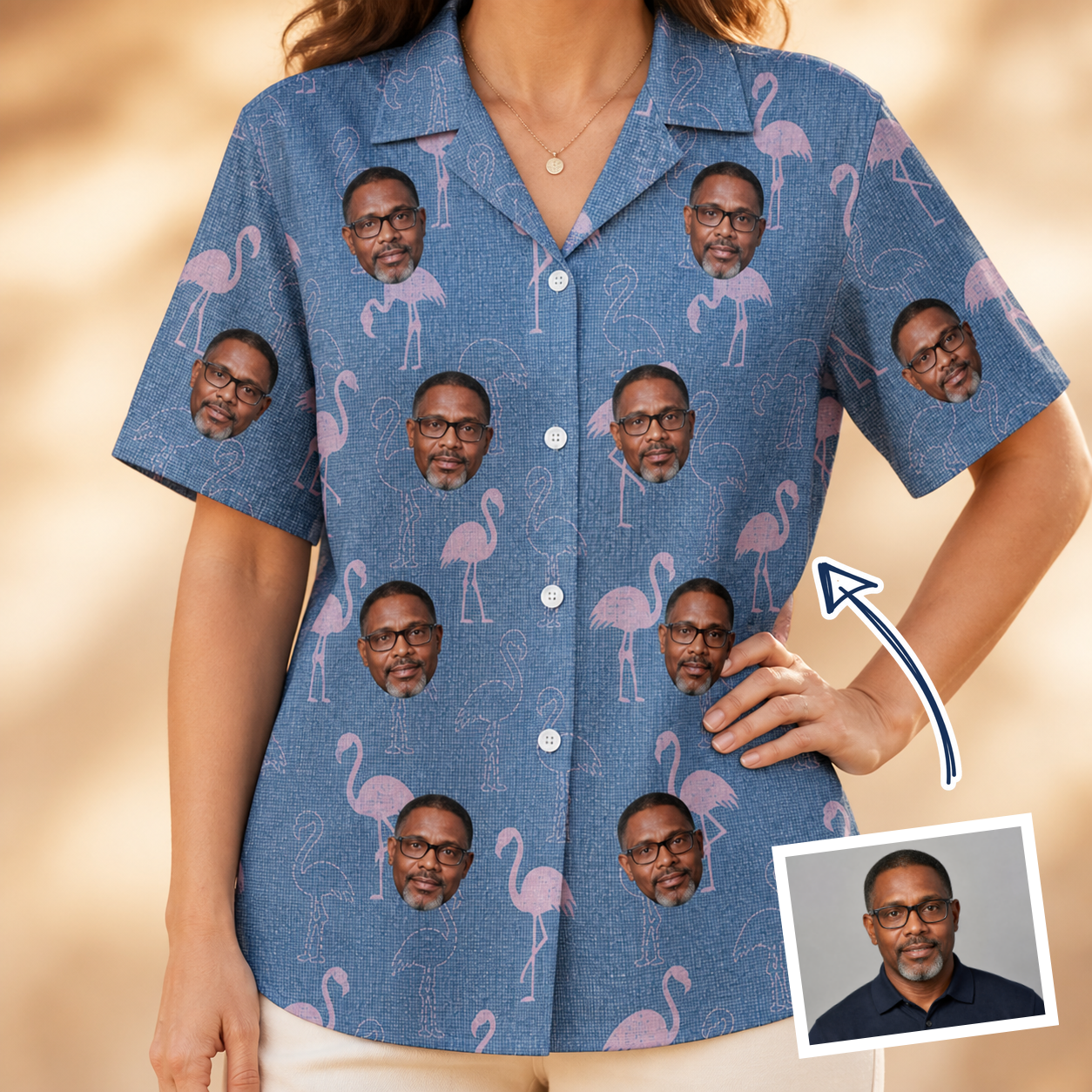 Woman wearing Women's Longneck Lollies Custom Face Hawaiian Shirt — custom faces printed all-over