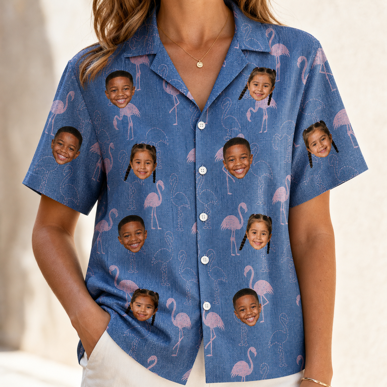 Model wearing Women's Longneck Lollies Custom Face Hawaiian Shirt printed with kids' faces