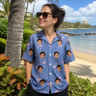 Real-life photo of someone wearing Women's Longneck Lollies Custom Face Hawaiian Shirt — custom faces printed all-over