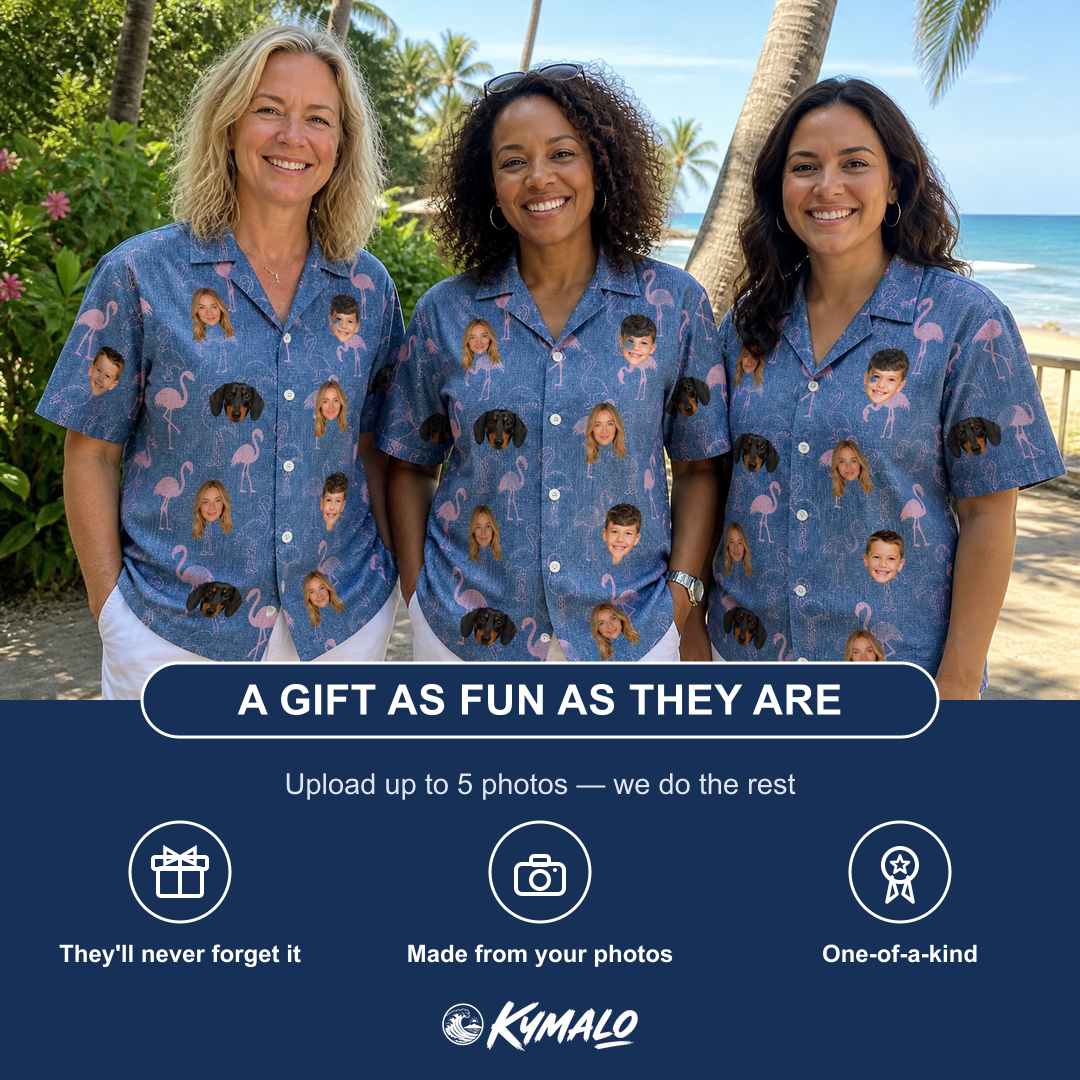 Friends in matching Women's Longneck Lollies Custom Face Hawaiian Shirt — a group gift photo
