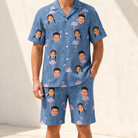 Model wearing Men's Longneck Lollies Custom Face Shirt & Shorts Set printed with kids' faces