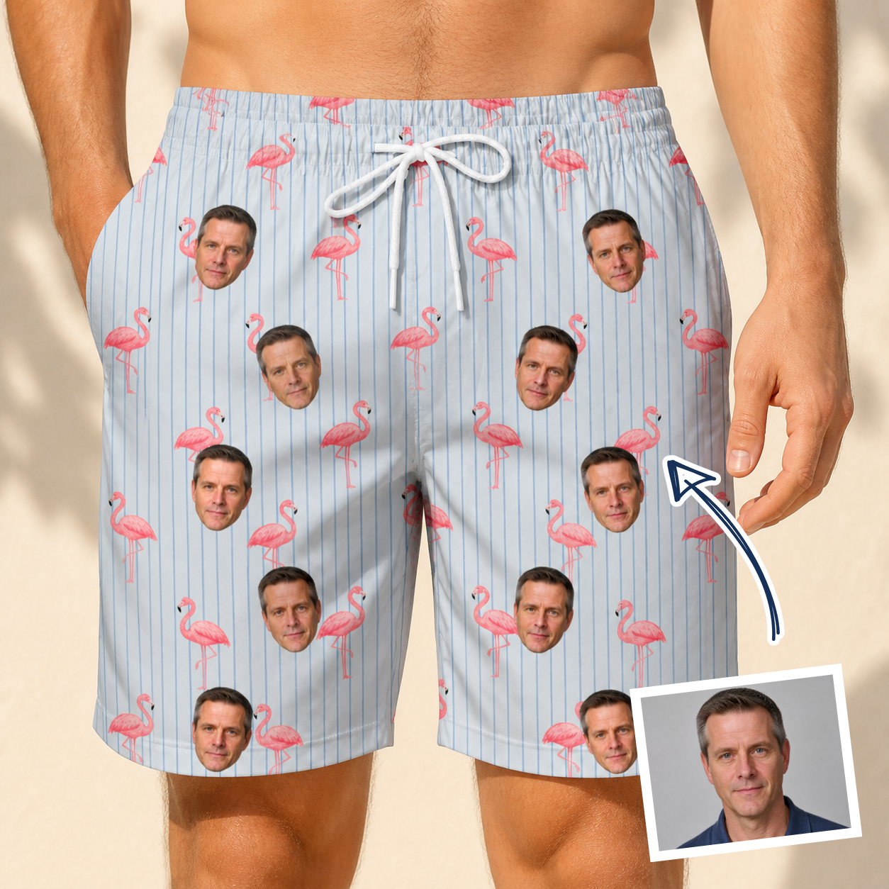 Man wearing Men's Stilt Spritz Custom Face Beach Shorts — custom faces printed all-over