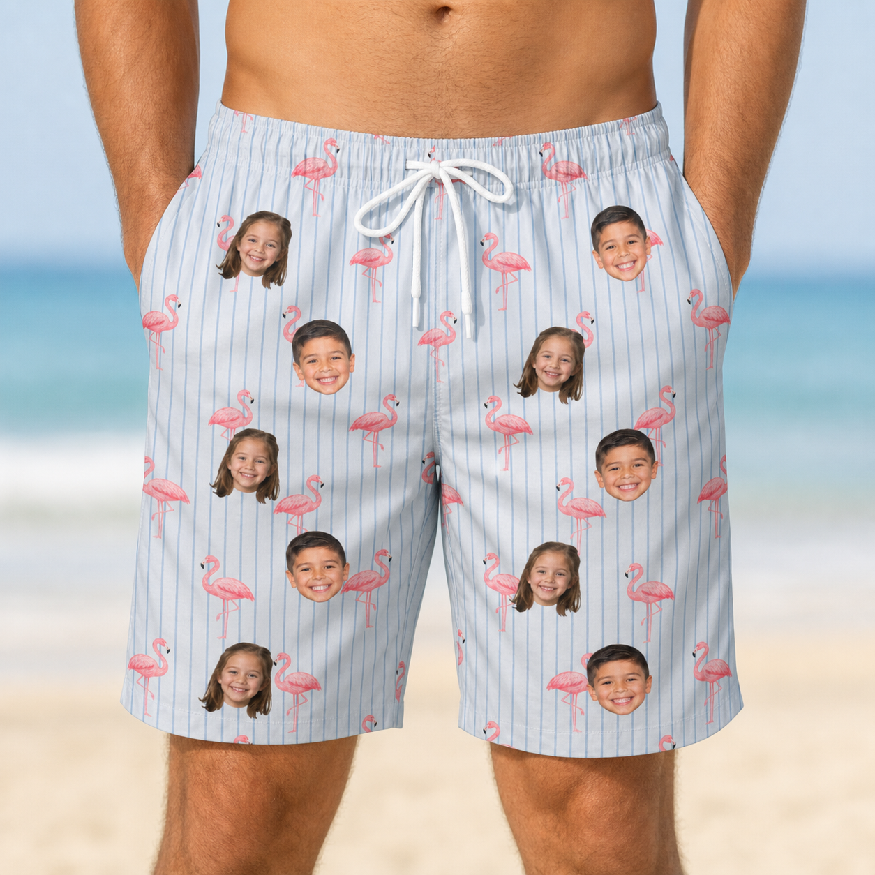 Model wearing Men's Stilt Spritz Custom Face Beach Shorts printed with kids' faces