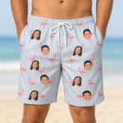 Model wearing Men's Stilt Spritz Custom Face Beach Shorts printed with kids' faces