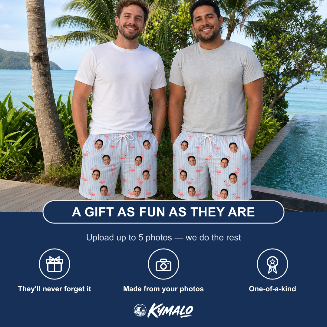 Friends in matching Men's Stilt Spritz Custom Face Beach Shorts — a group gift photo