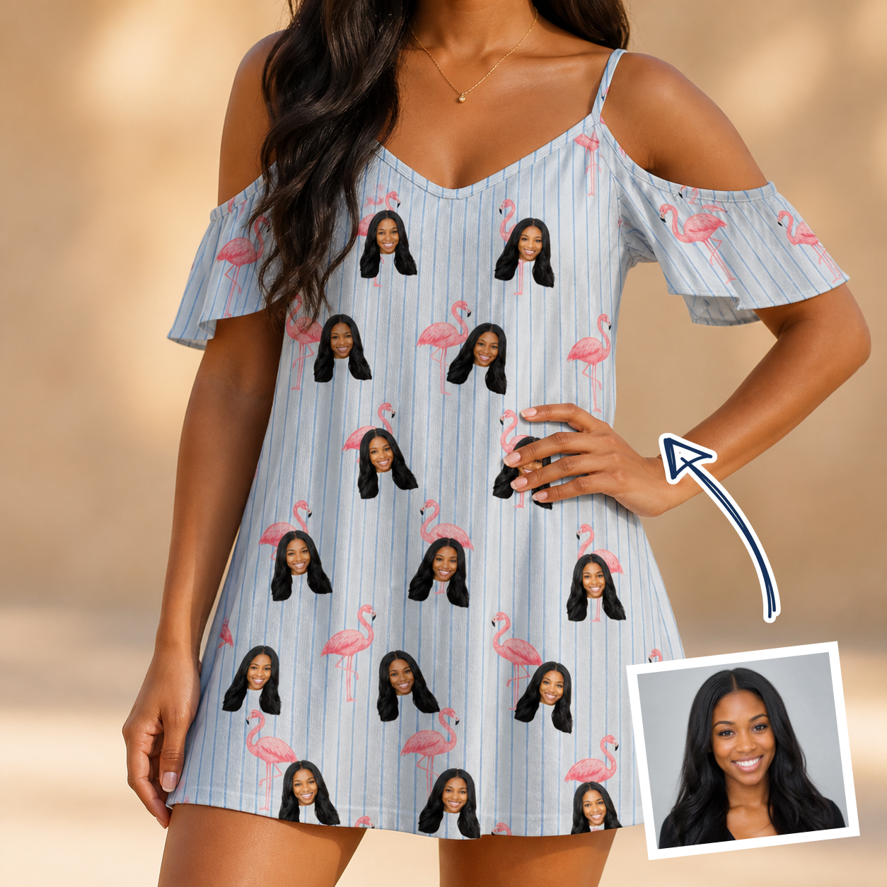 Woman wearing Women's Stilt Spritz Custom Face Off-Shoulder Dress — custom faces printed all-over