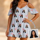 Woman wearing Women's Stilt Spritz Custom Face Off-Shoulder Dress — custom faces printed all-over