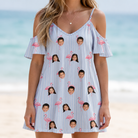 Model wearing Women's Stilt Spritz Custom Face Off-Shoulder Dress printed with kids' faces