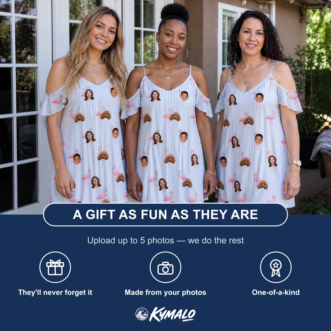 Friends in matching Women's Stilt Spritz Custom Face Off-Shoulder Dress — a group gift photo