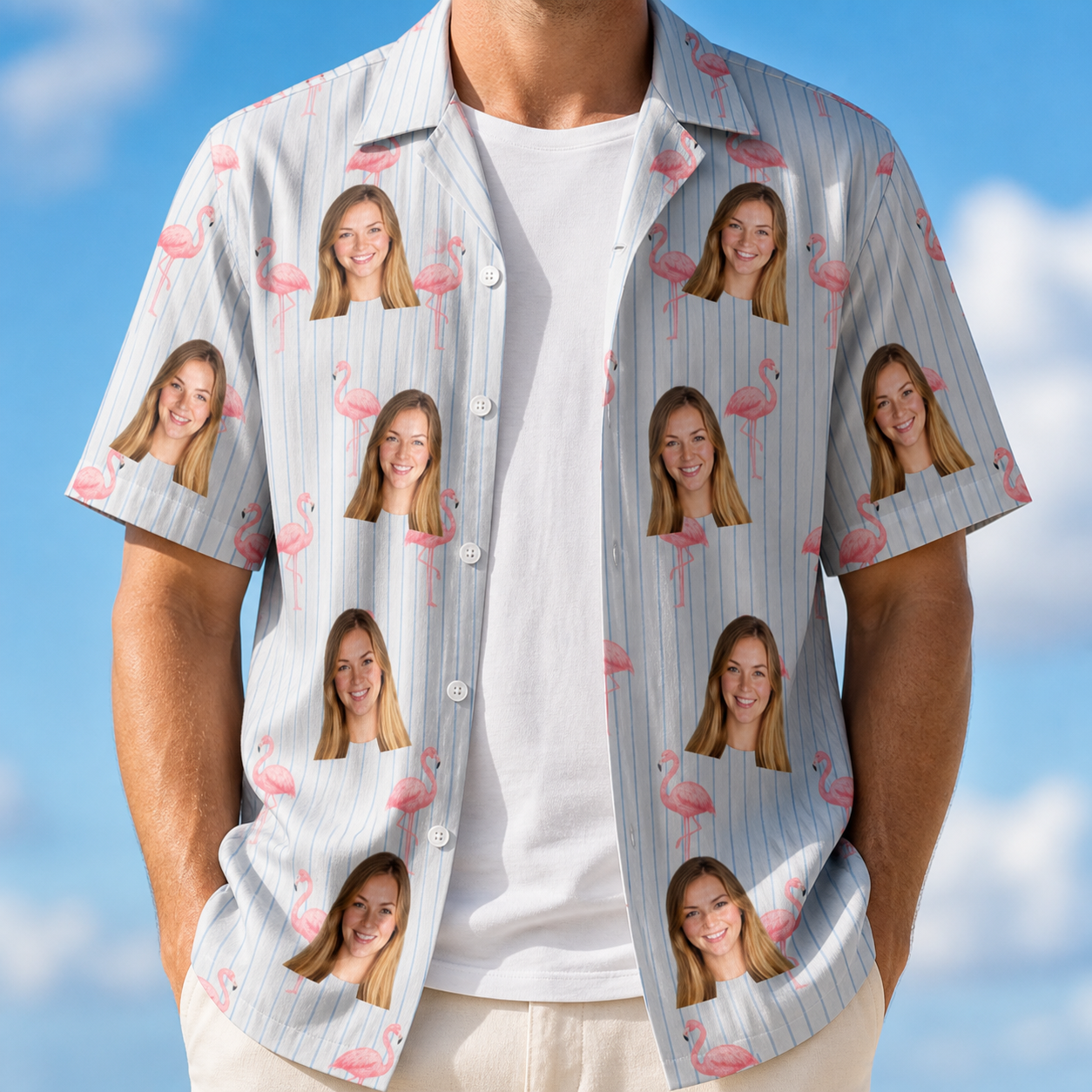 Man wearing Men's Stilt Spritz Custom Face Hawaiian Shirt open over a white tee