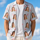Man wearing Men's Stilt Spritz Custom Face Hawaiian Shirt open over a white tee
