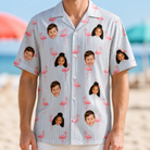 Model wearing Men's Stilt Spritz Custom Face Hawaiian Shirt printed with kids' faces