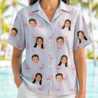 Model wearing Women's Stilt Spritz Custom Face Hawaiian Shirt printed with kids' faces