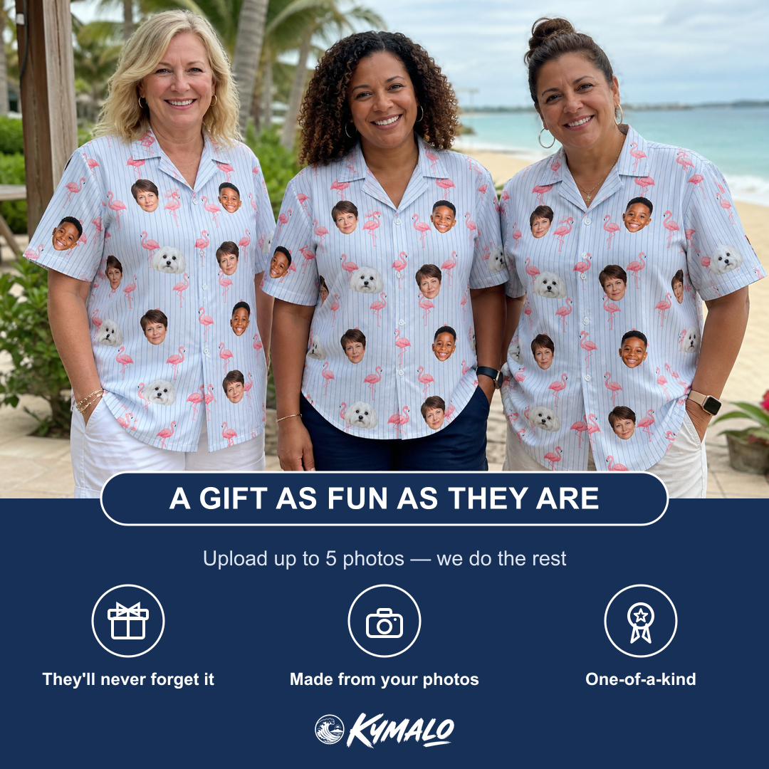 Friends in matching Women's Stilt Spritz Custom Face Hawaiian Shirt — a group gift photo