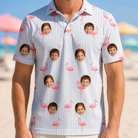 Model wearing Men's Stilt Spritz Custom Face Polo Shirt printed with kids' faces
