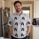 Real-life photo of someone wearing Men's Stilt Spritz Custom Face Polo Shirt — custom faces printed all-over
