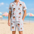 Model wearing Men's Stilt Spritz Custom Face Shirt & Shorts Set printed with kids' faces