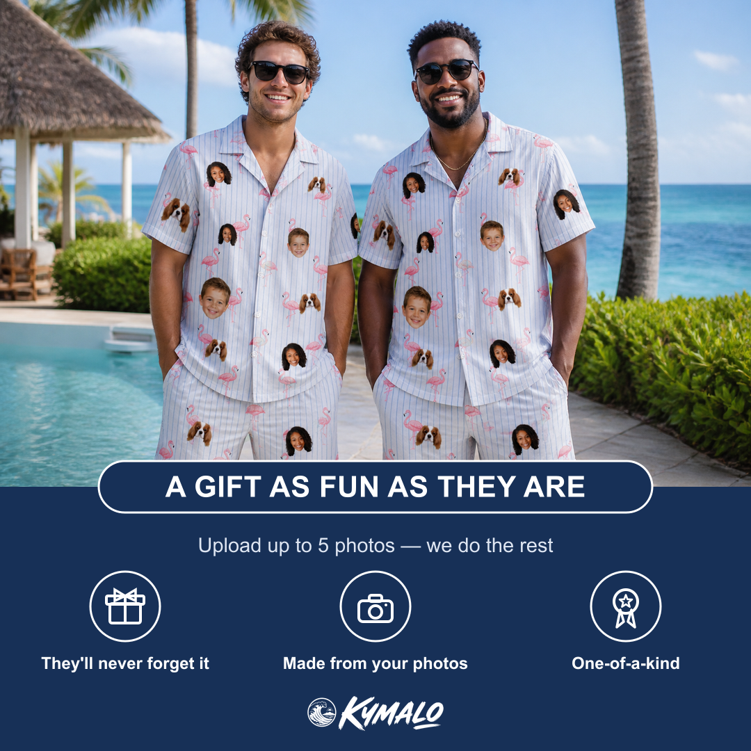 Friends in matching Men's Stilt Spritz Custom Face Shirt & Shorts Set — a group gift photo