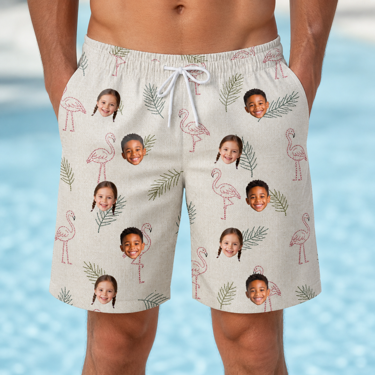 Model wearing Men's Tropical Tippytoes Custom Face Beach Shorts printed with kids' faces
