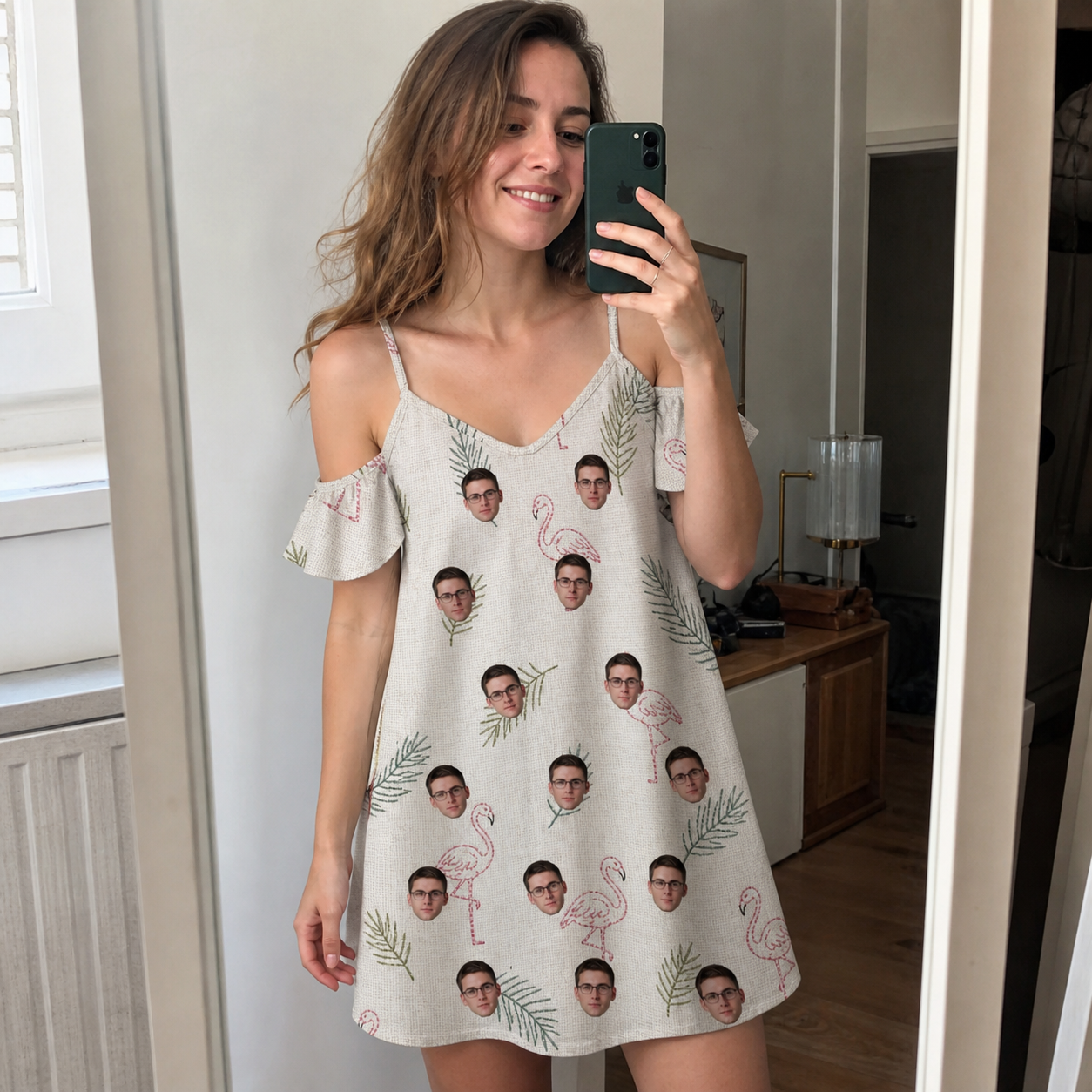 Real-life photo of someone wearing Women's Tropical Tippytoes Custom Face Off-Shoulder Dress — custom faces printed all-over