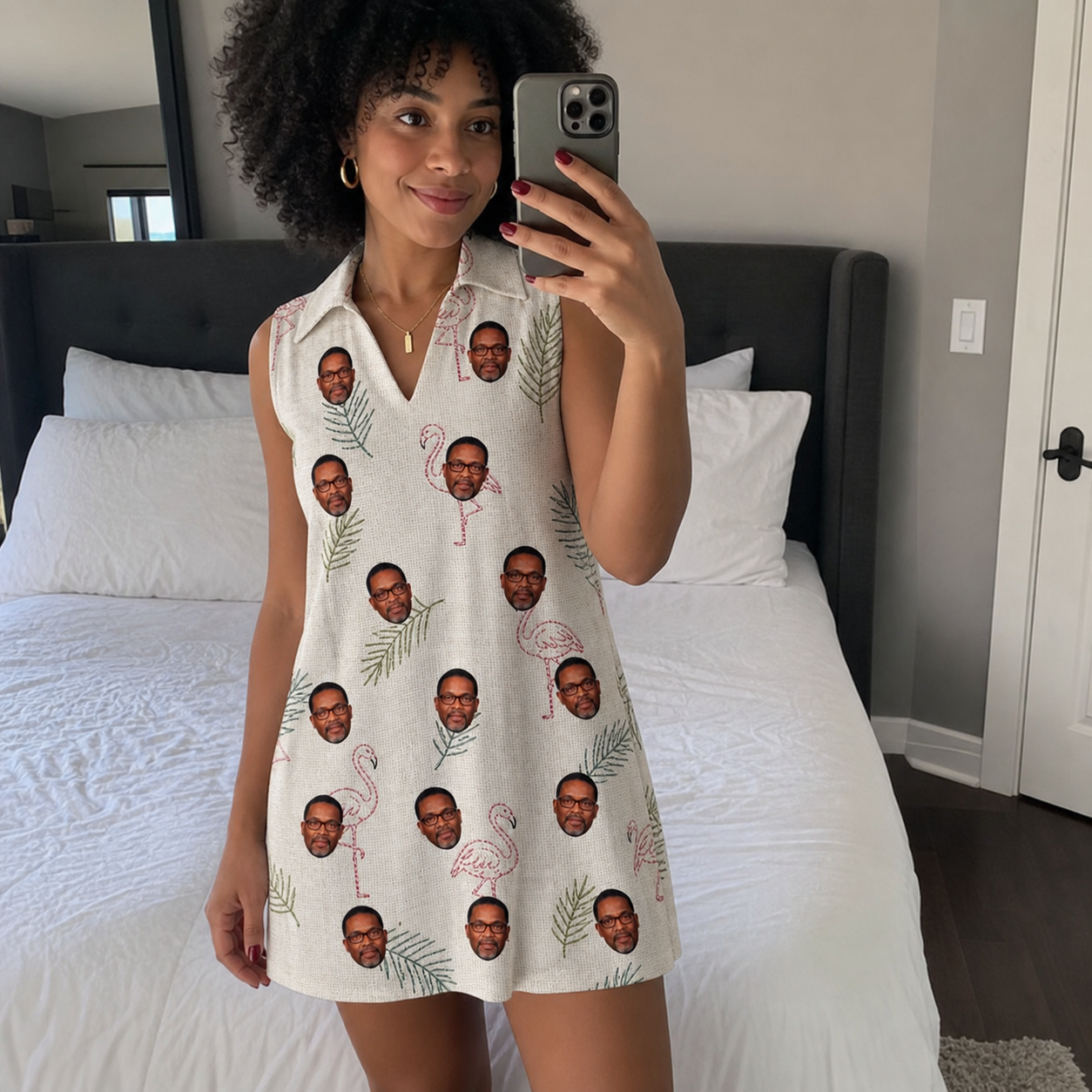 Real-life photo of someone wearing Women's Tropical Tippytoes Custom Face V-Neck Dress — custom faces printed all-over