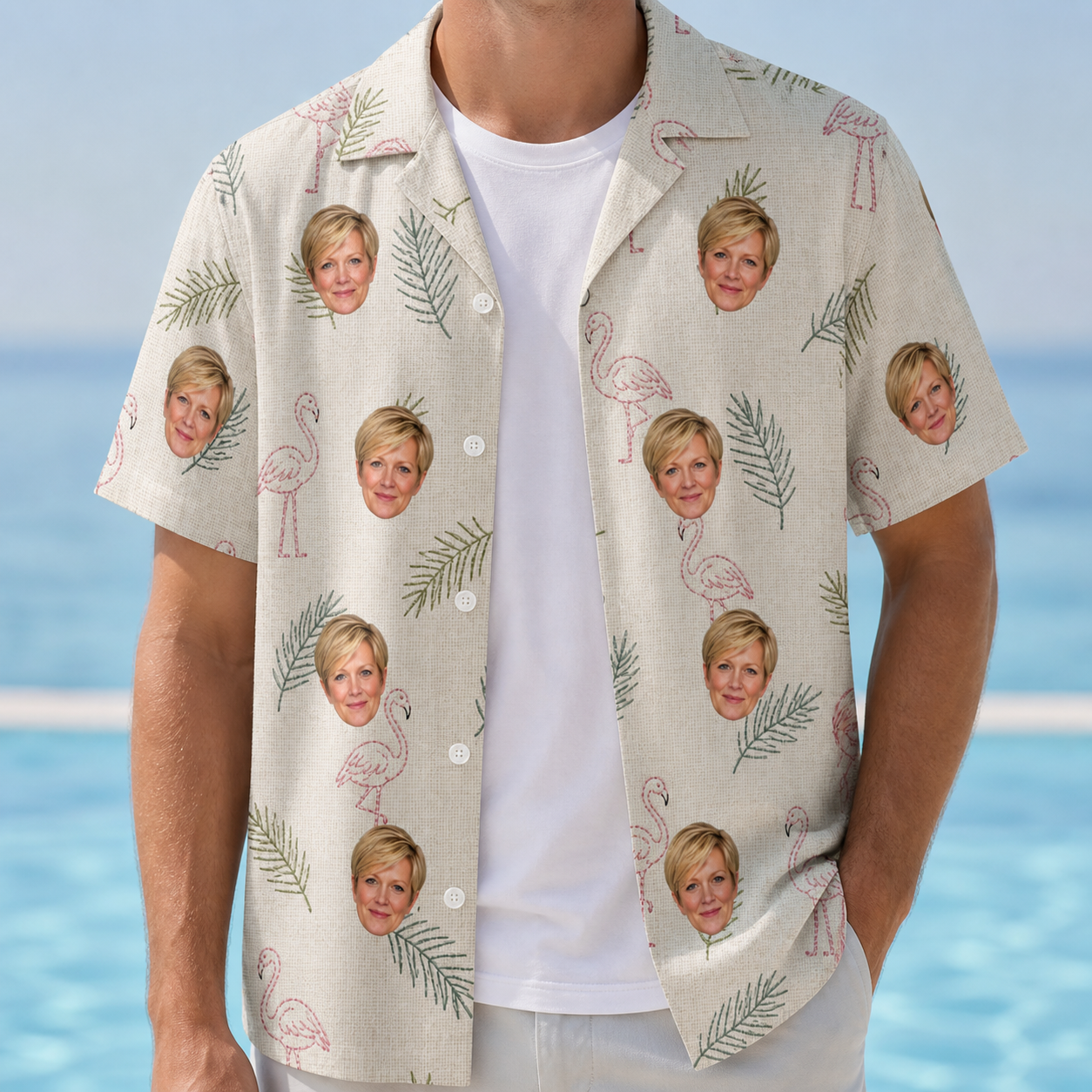 Man wearing Men's Tropical Tippytoes Custom Face Hawaiian Shirt open over a white tee