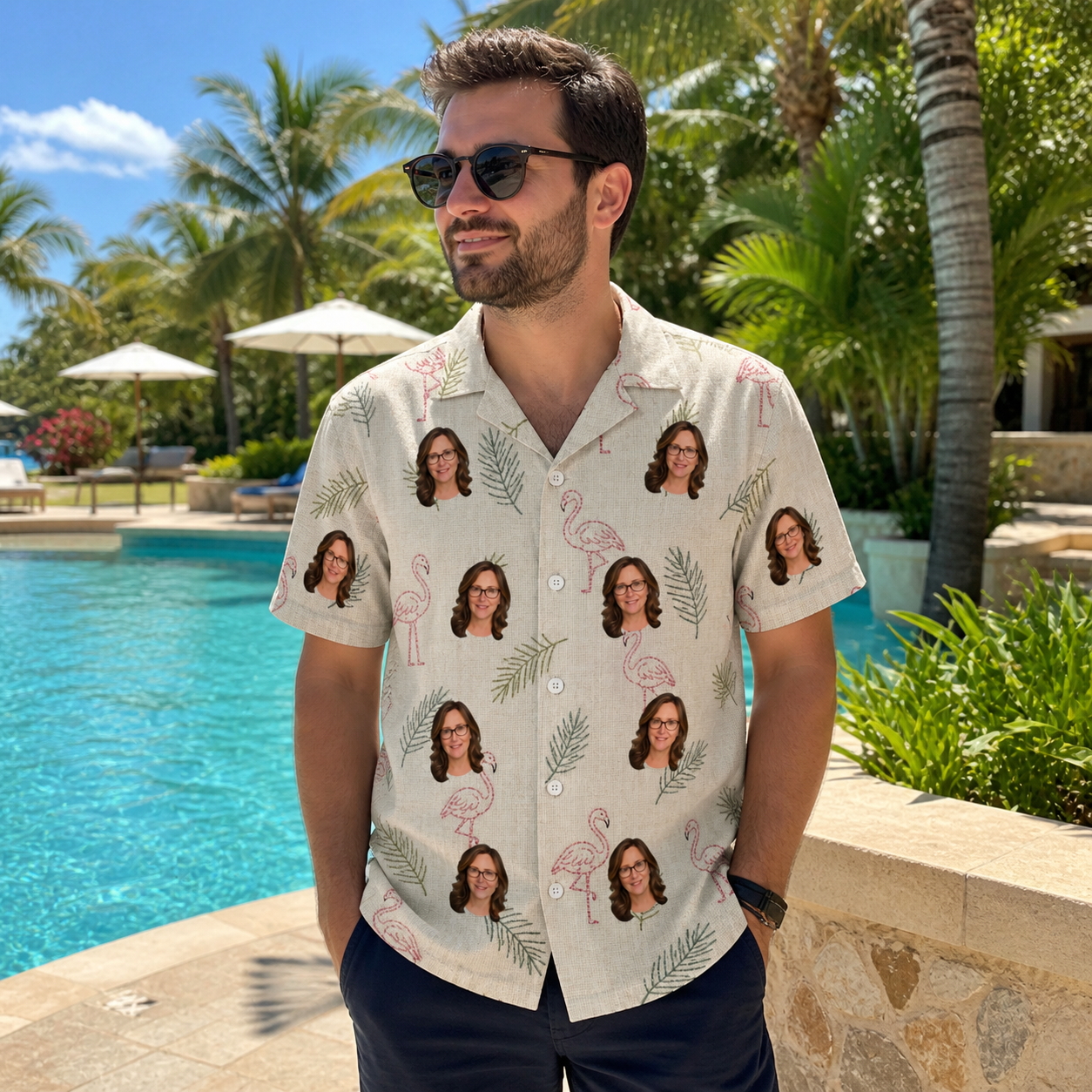 Real-life photo of someone wearing Men's Tropical Tippytoes Custom Face Hawaiian Shirt — custom faces printed all-over