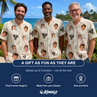 Friends in matching Men's Tropical Tippytoes Custom Face Hawaiian Shirt — a group gift photo