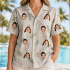 Model wearing Women's Tropical Tippytoes Custom Face Hawaiian Shirt printed with kids' faces