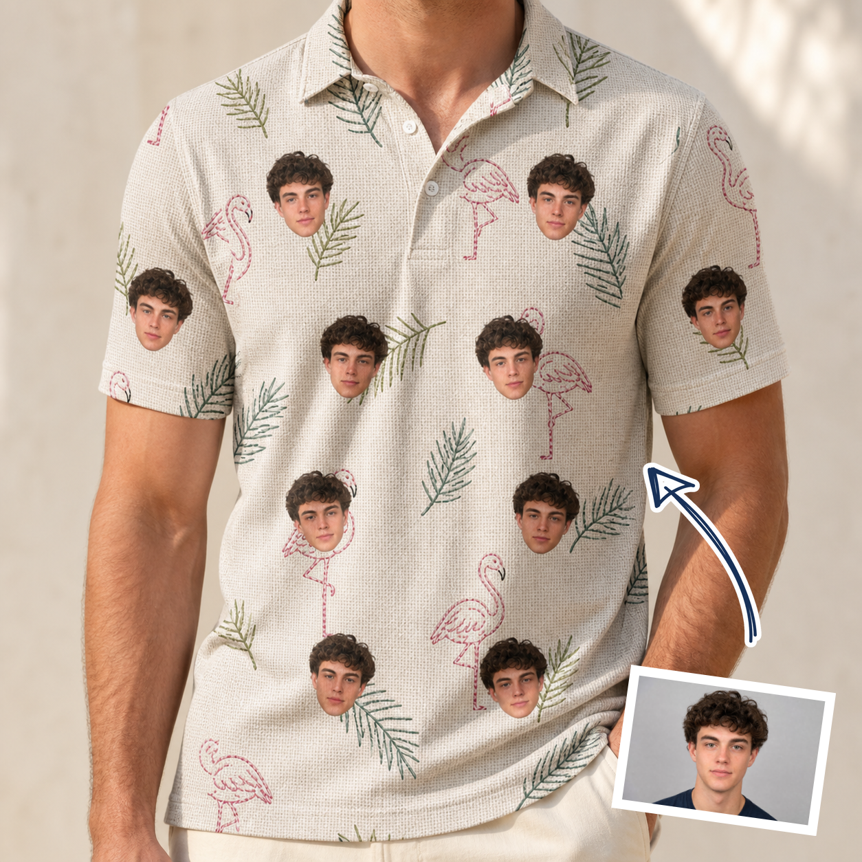 Man wearing Men's Tropical Tippytoes Custom Face Polo Shirt — custom faces printed all-over