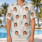 Model wearing Men's Tropical Tippytoes Custom Face Polo Shirt printed with kids' faces