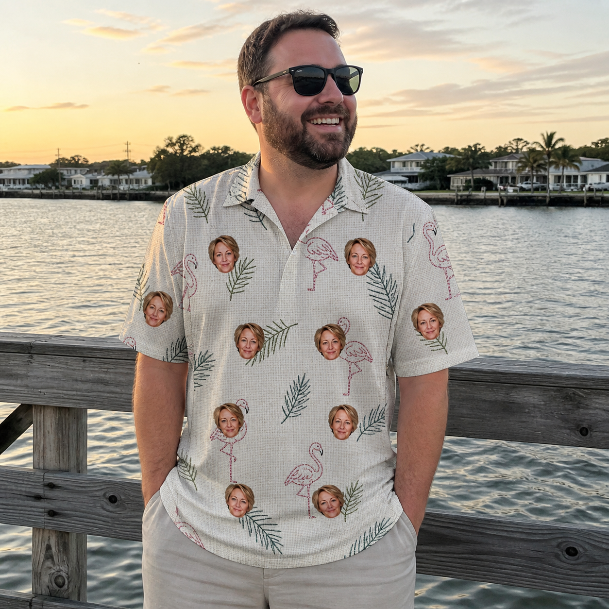 Real-life photo of someone wearing Men's Tropical Tippytoes Custom Face Polo Shirt — custom faces printed all-over