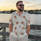 Real-life photo of someone wearing Men's Tropical Tippytoes Custom Face Polo Shirt — custom faces printed all-over