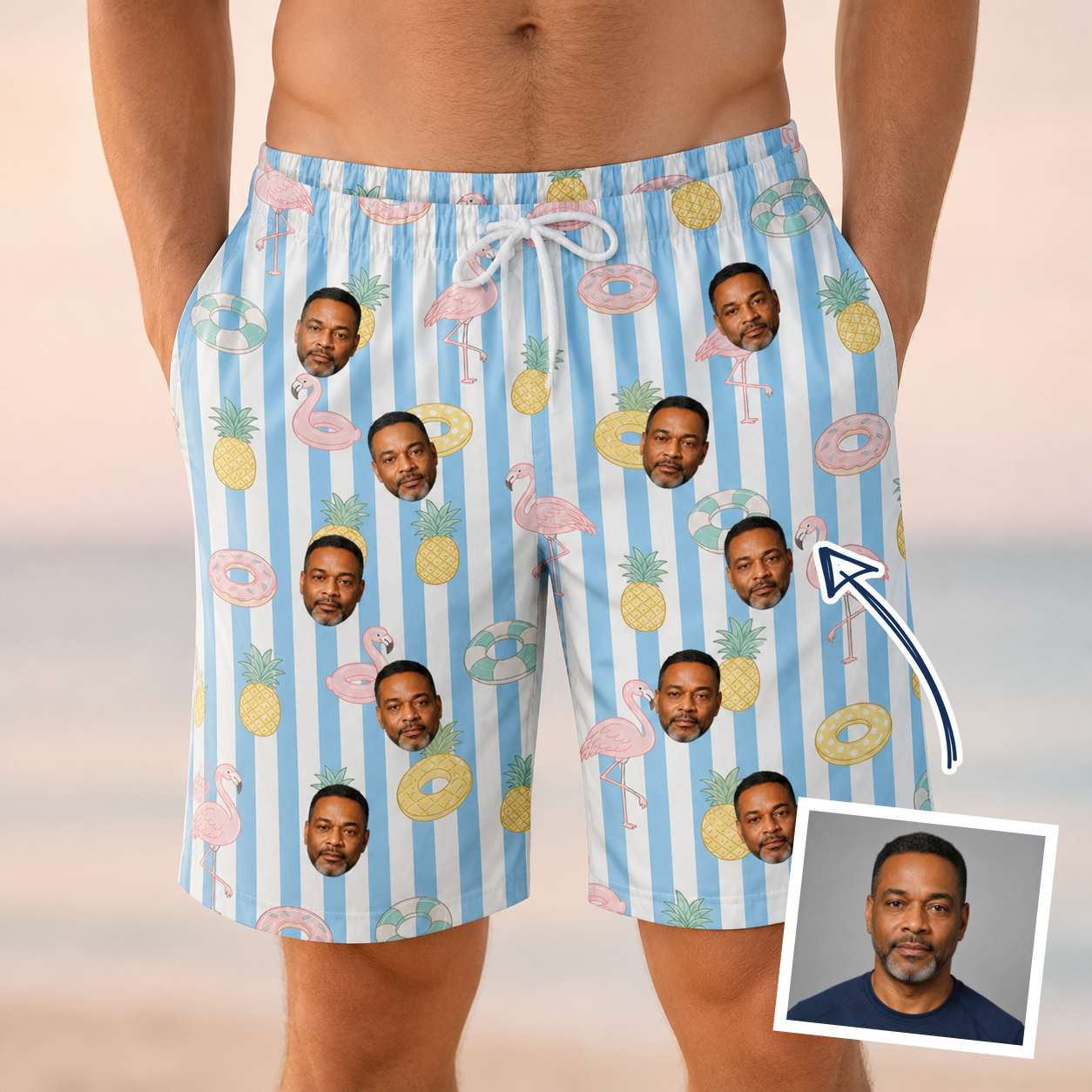 Man wearing Men's Flamingo Fizz Custom Face Beach Shorts — custom faces printed all-over