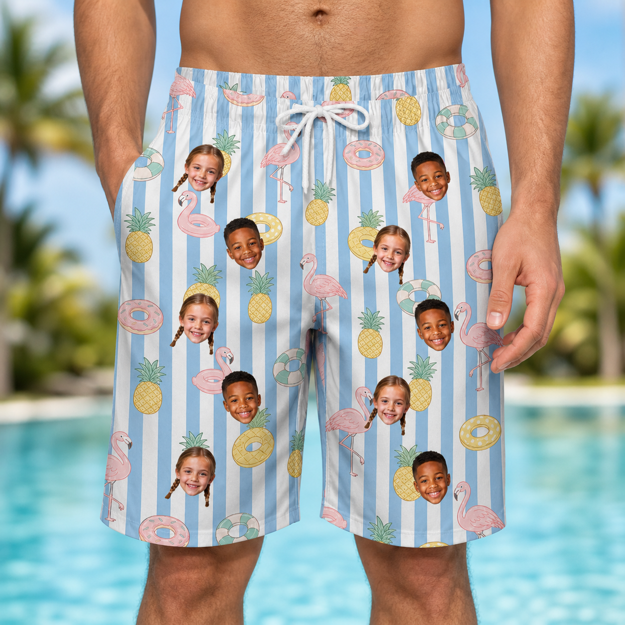 Model wearing Men's Flamingo Fizz Custom Face Beach Shorts printed with kids' faces