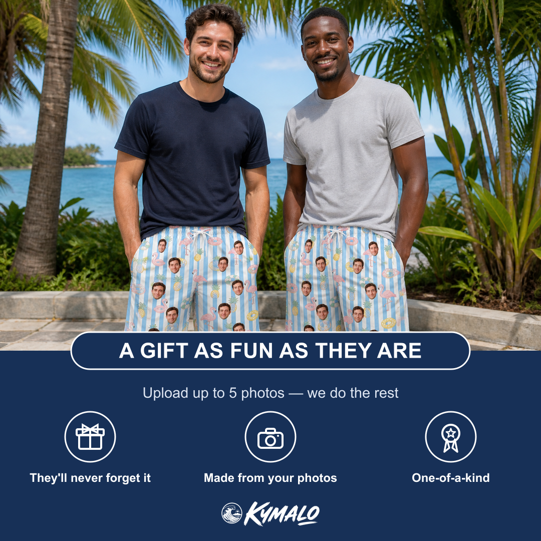 Friends in matching Men's Flamingo Fizz Custom Face Beach Shorts — a group gift photo
