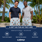 Friends in matching Men's Flamingo Fizz Custom Face Beach Shorts — a group gift photo