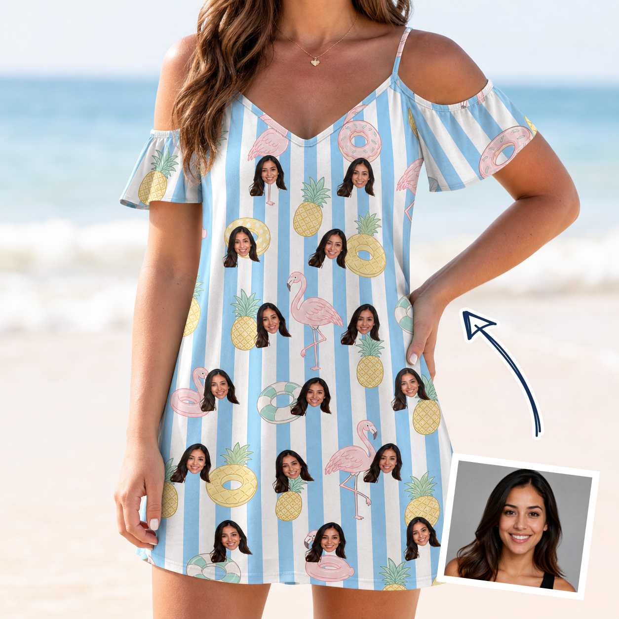 Woman wearing Women's Flamingo Fizz Custom Face Off-Shoulder Dress — custom faces printed all-over
