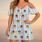 Model wearing Women's Flamingo Fizz Custom Face Off-Shoulder Dress printed with kids' faces