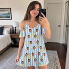 Real-life photo of someone wearing Women's Flamingo Fizz Custom Face Off-Shoulder Dress — custom faces printed all-over