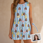 Woman wearing Women's Flamingo Fizz Custom Face Tank Dress — custom faces printed all-over