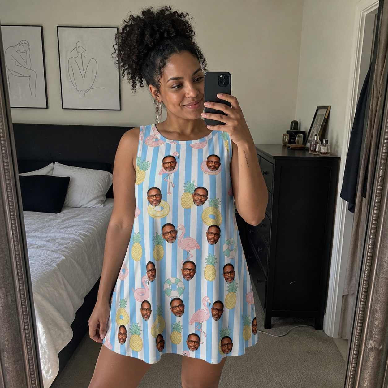 Real-life photo of someone wearing Women's Flamingo Fizz Custom Face Tank Dress — custom faces printed all-over