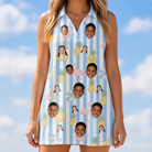 Model wearing Women's Flamingo Fizz Custom Face V-Neck Dress printed with kids' faces