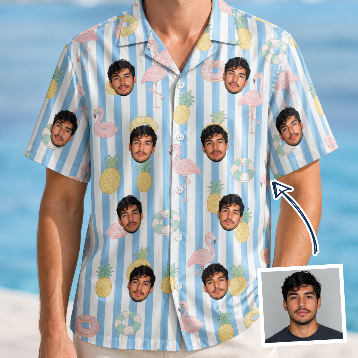 Man wearing Men's Flamingo Fizz Custom Face Hawaiian Shirt — custom faces printed all-over