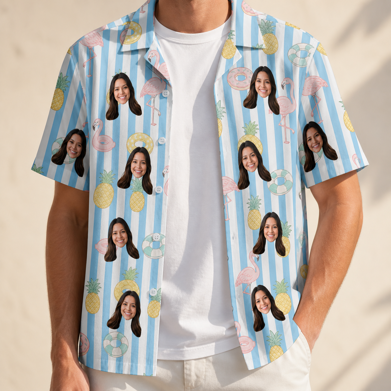 Man wearing Men's Flamingo Fizz Custom Face Hawaiian Shirt open over a white tee