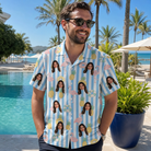 Real-life photo of someone wearing Men's Flamingo Fizz Custom Face Hawaiian Shirt — custom faces printed all-over